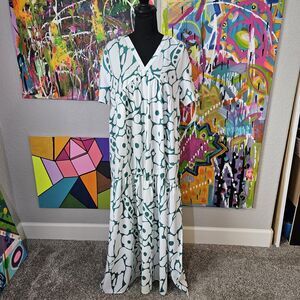 Womens V Neck Floral Green Floral Print Maxi Long Dress Loose NWT Size M